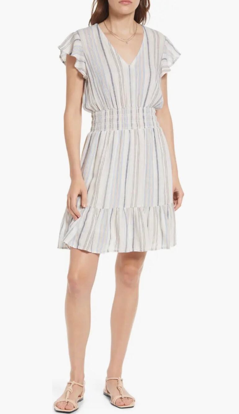 Rails Tara Montauk Stripe boho  Dress M Linen Blend Smocked Waist Ruffle summer
